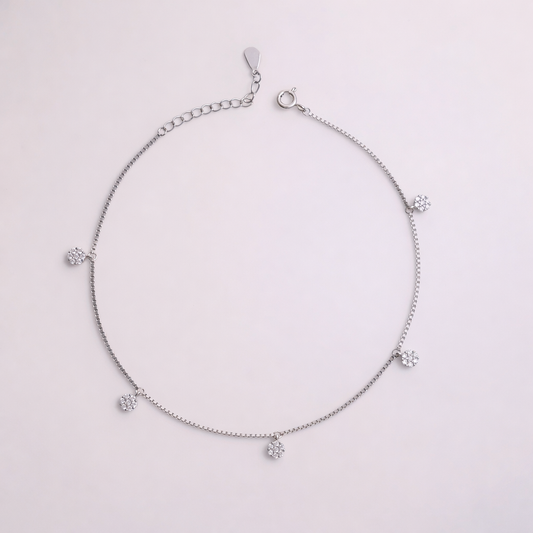 Celeste Floral CZ Charm Anklet in 925 Sterling Silver