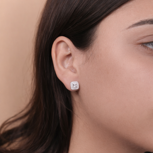 Cushion Cut CZ Halo Stud Earrings in 925 Sterling Silver