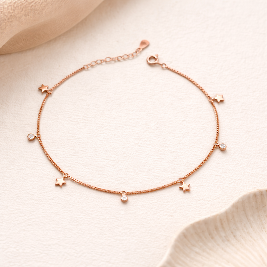 Rose Gold Star Charm Anklet in 925 Sterling Silver