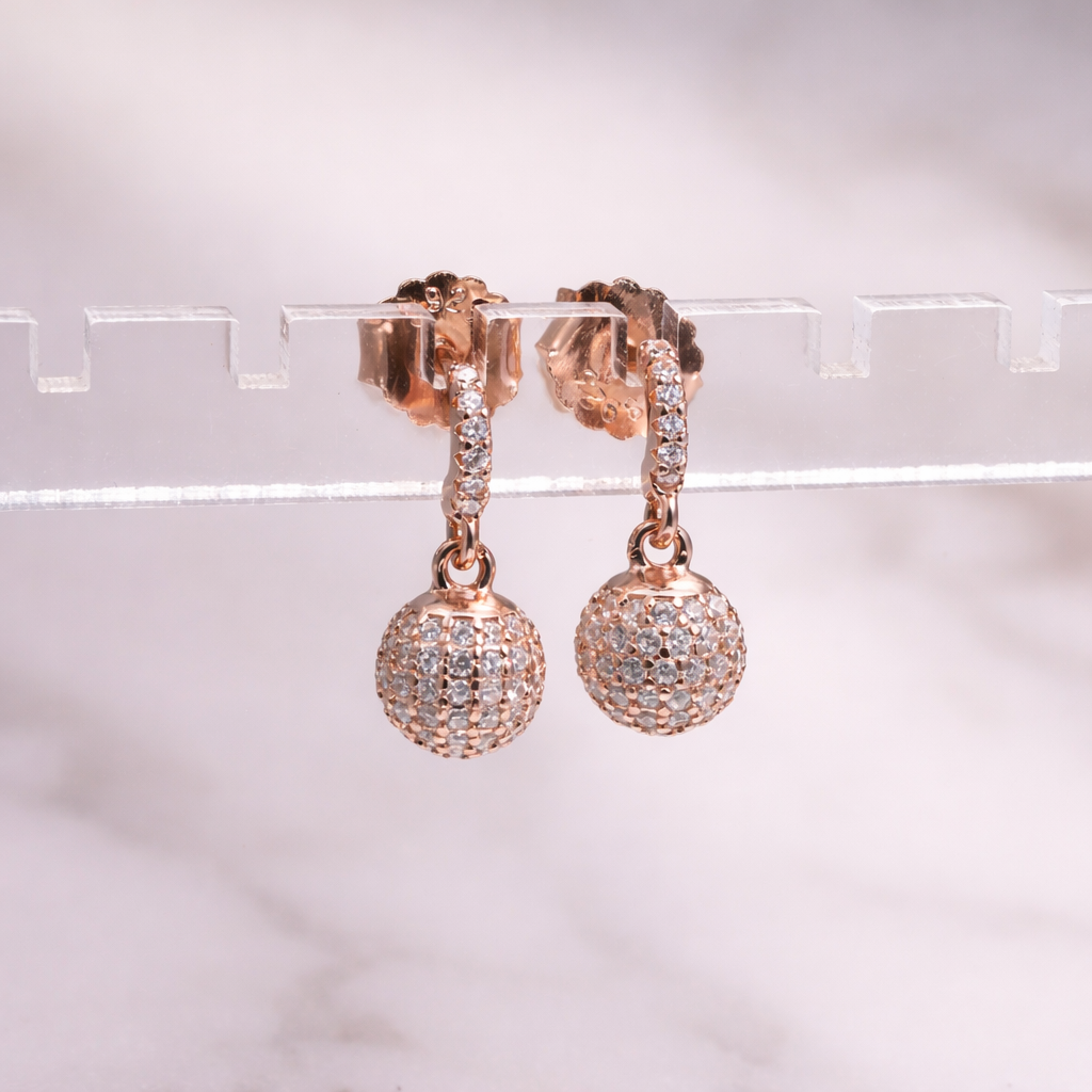 Rose Gold Textured Sphere CZ Drop Earrings