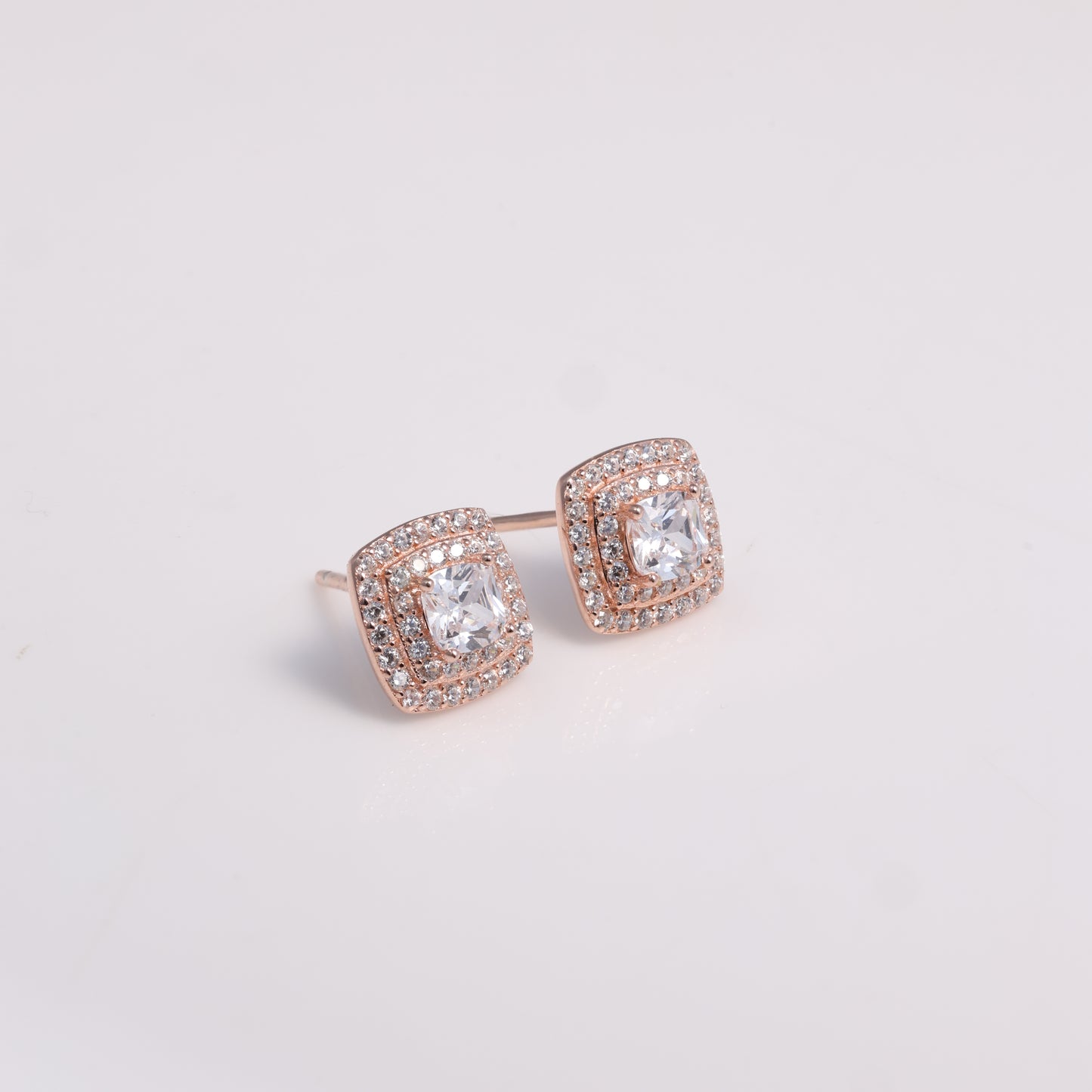 Cushion Cut CZ Halo Stud Earrings in Rose Gold-Plated 925 Sterling Silver