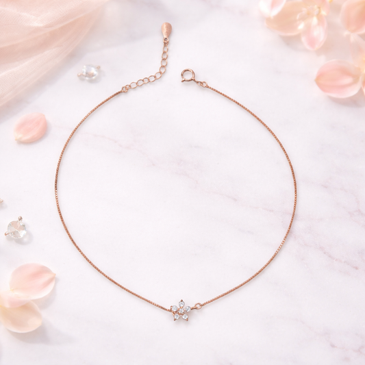 Rose Gold Petite Blossom CZ Anklet in 925 Sterling Silver