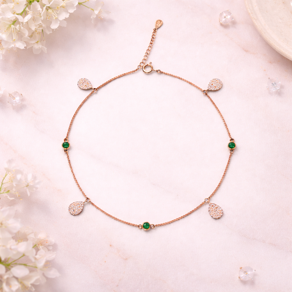 Emerald Glow Teardrop Charm Anklets in Rose Gold-Plated 925 Sterling Silver