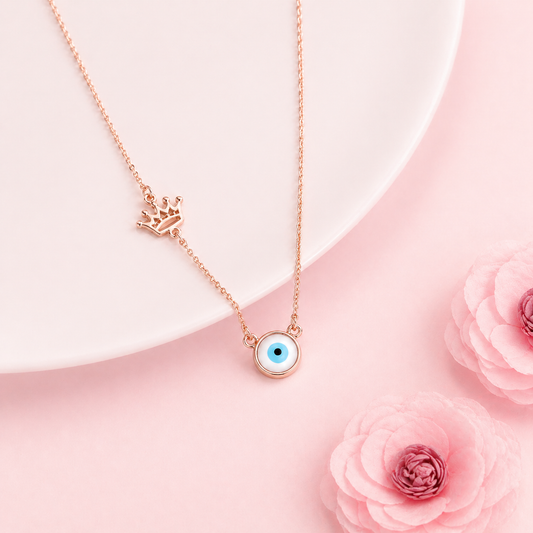 Rose Gold Evil Eye Crown Necklace in 925 Sterling Silver