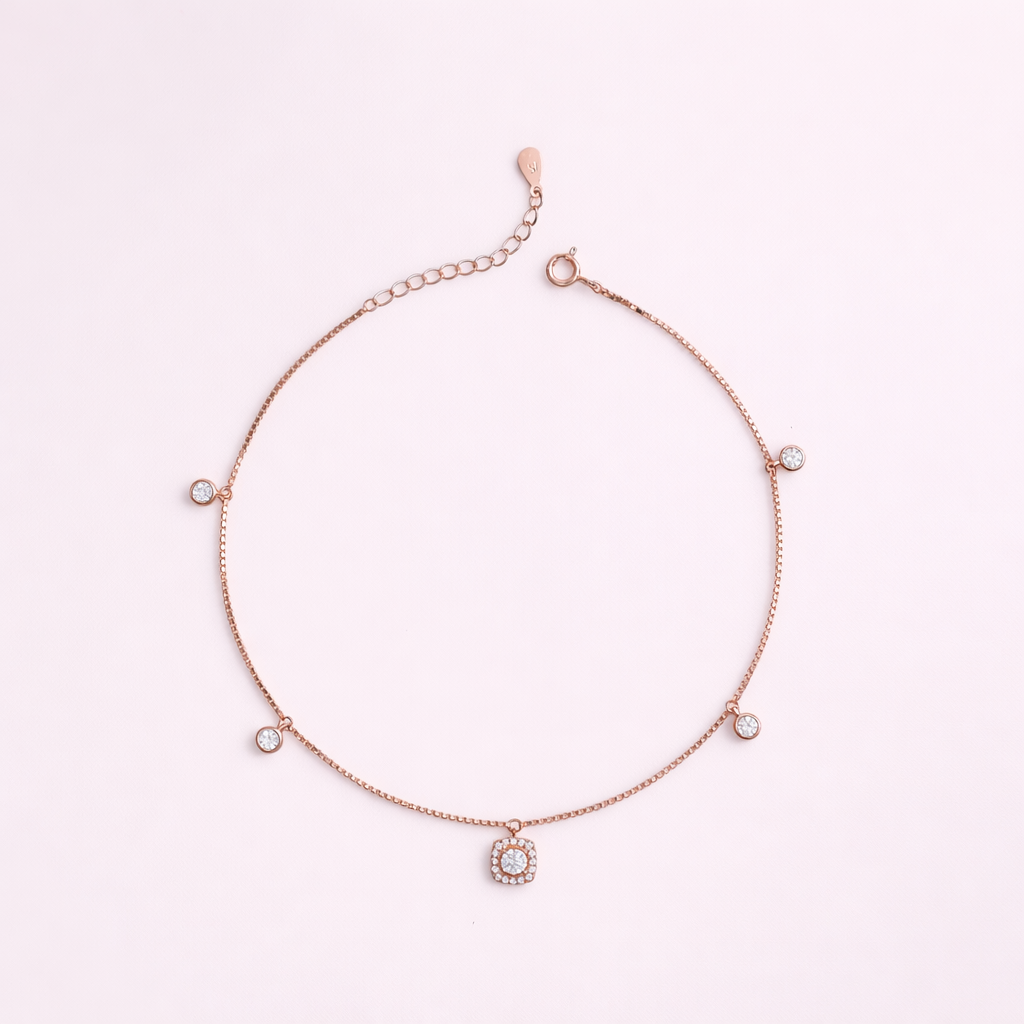 Rose Gold CZ Charm Anklet in 925 Sterling Silver