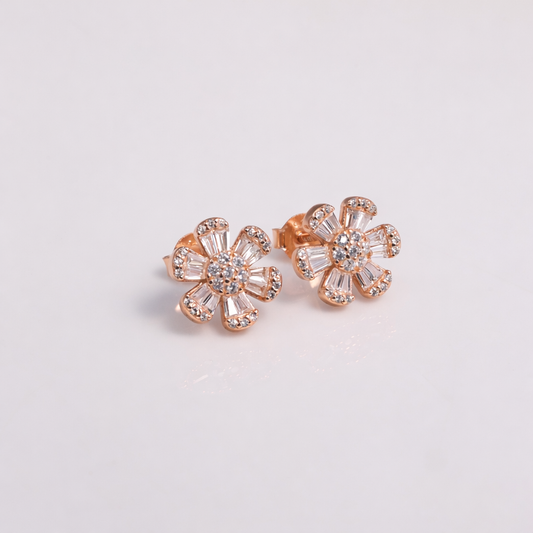 Rose Gold-Plated Floral Spark CZ Stud Earrings in 925 Sterling Silver