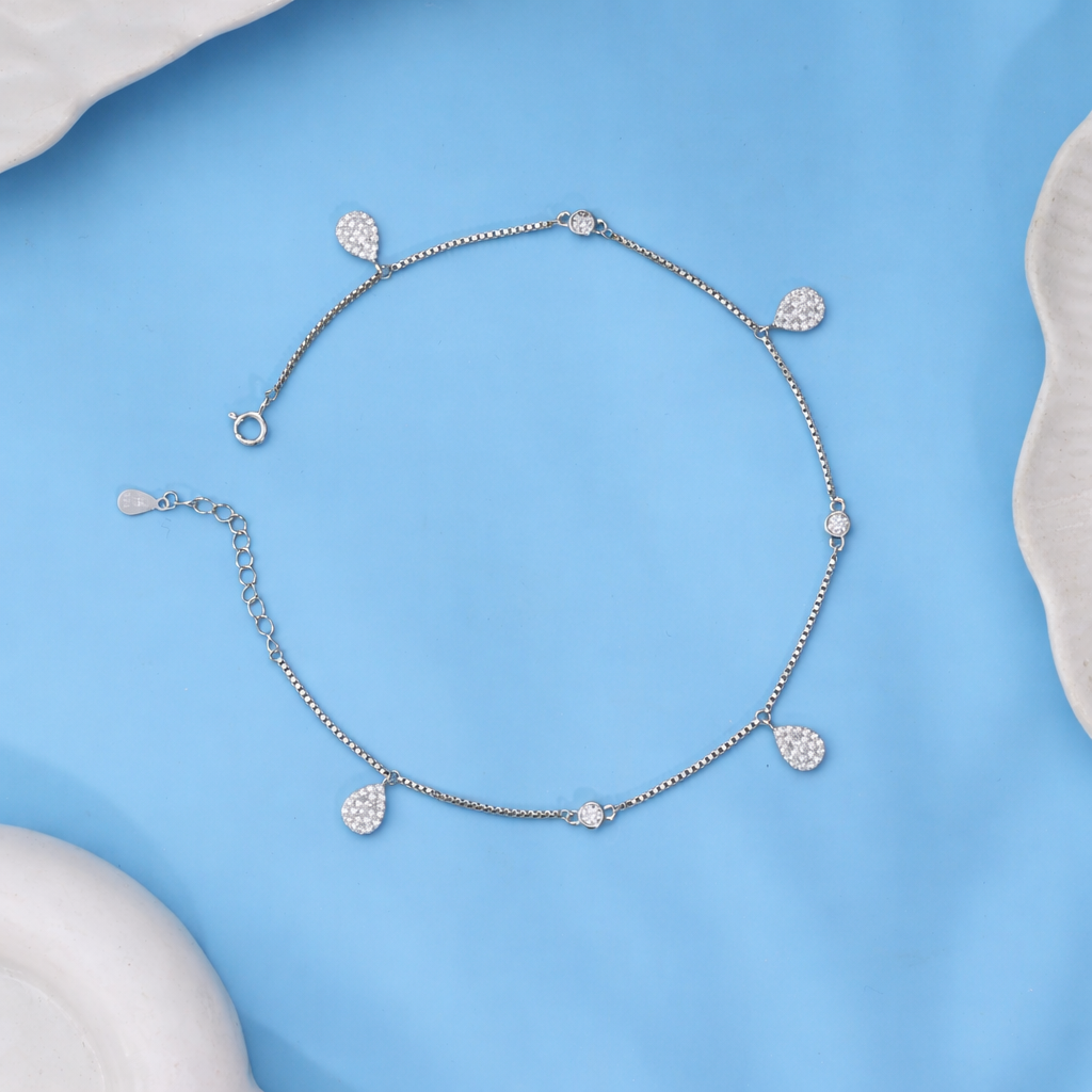 Teardrop CZ Charm Anklet in 925 Sterling Silver