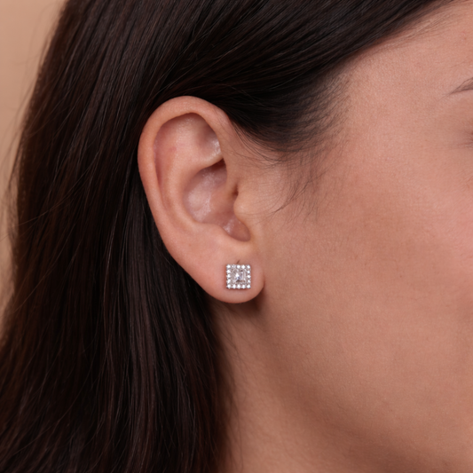 Square Halo CZ Stud Earrings in 925 Sterling Silver