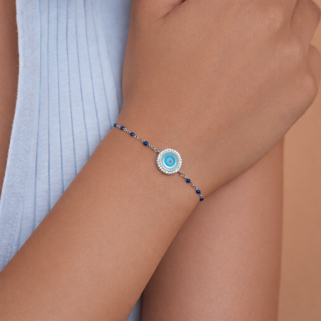 Sterling Silver Evil Eye Bracelet with Blue Beads
