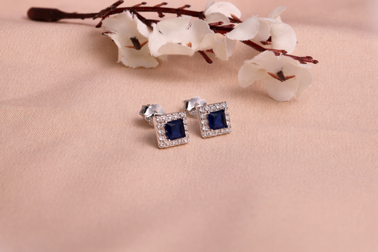 Blue Sapphire Square CZ Halo Stud Earrings