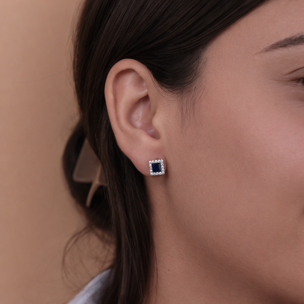 Blue Square Halo CZ Stud Earrings in 925 Sterling Silver