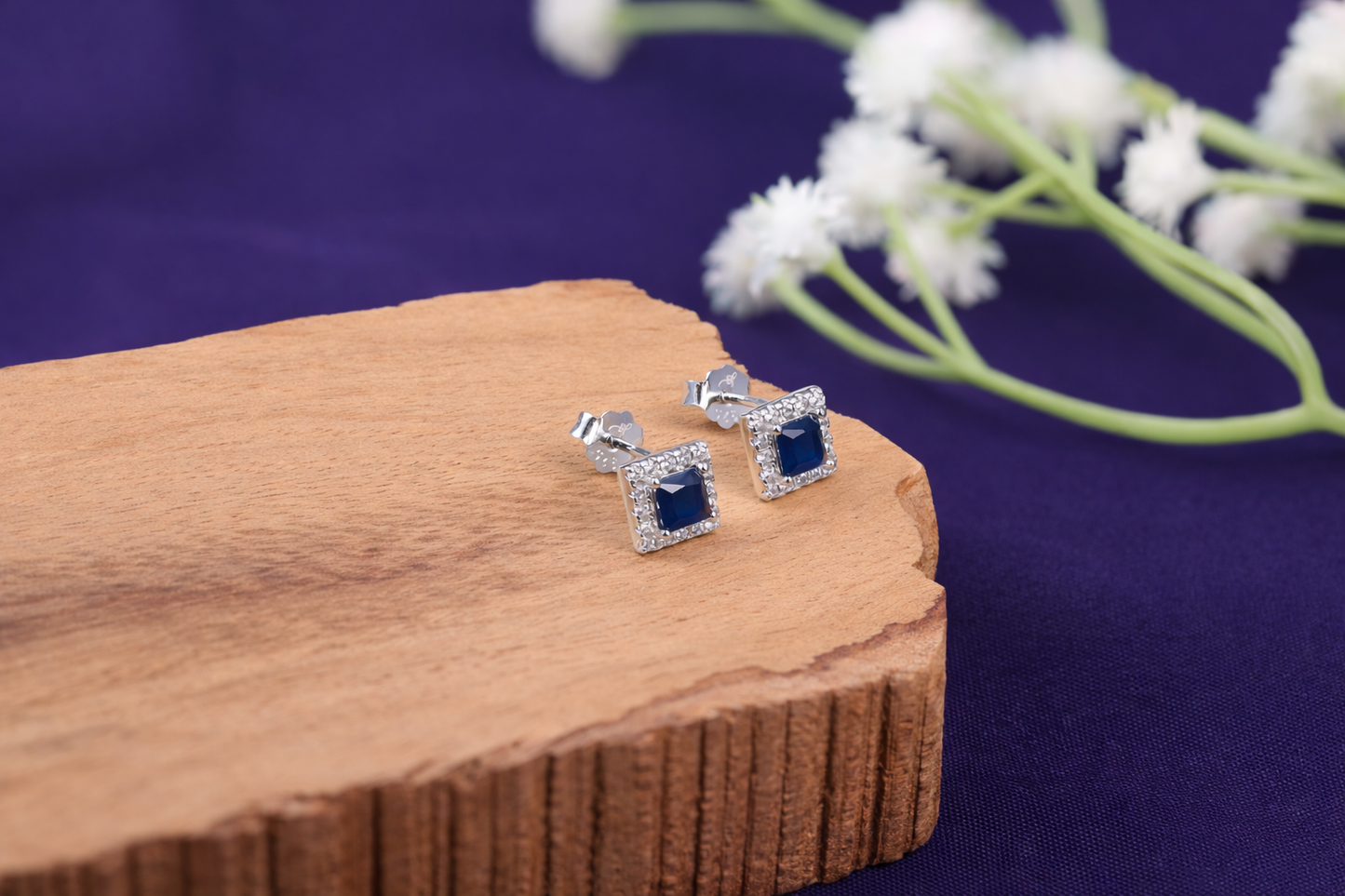 Blue Square Halo CZ Stud Earrings in 925 Sterling Silver
