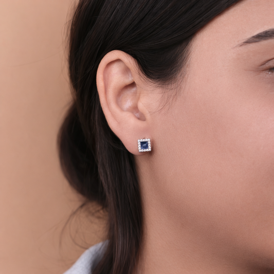 Blue Sapphire Square CZ Halo Stud Earrings