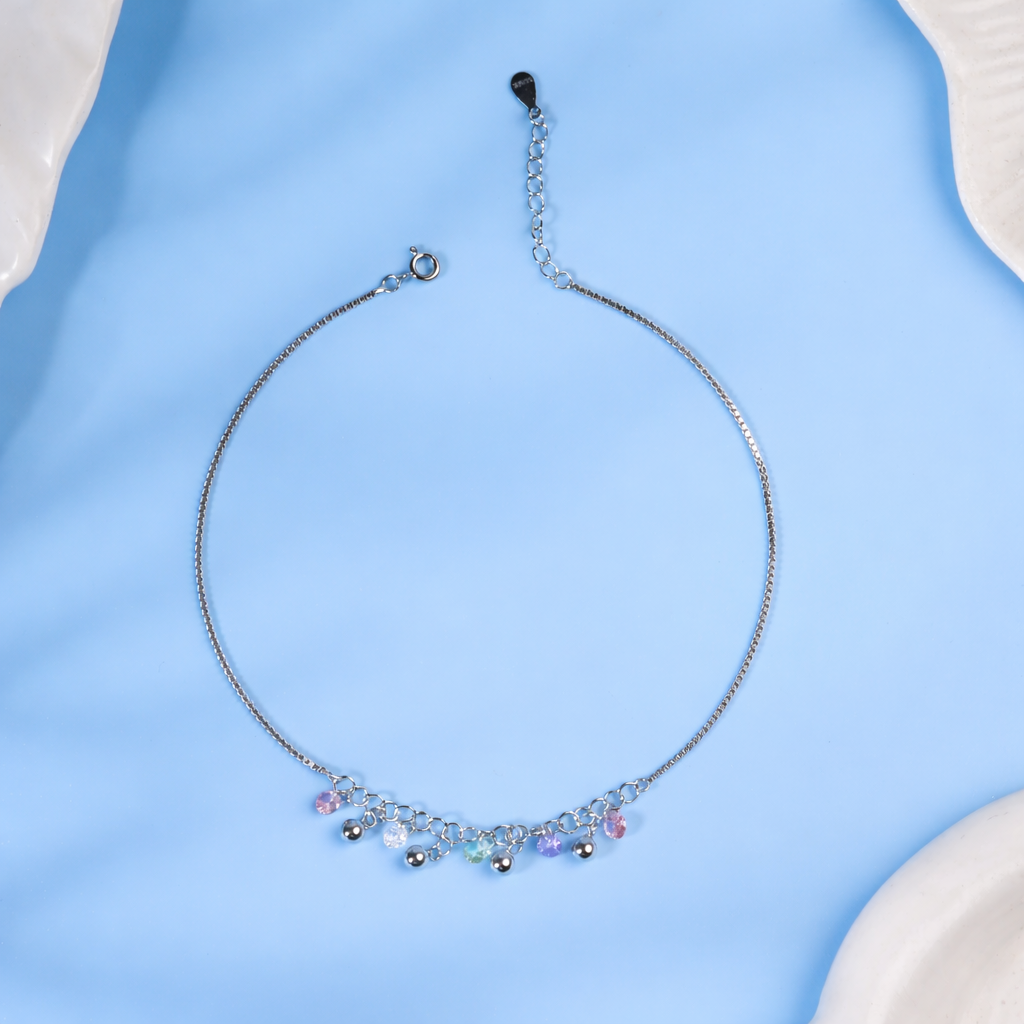 Dangling Bell Charm Anklet with Pink CZ Stones in 925 Sterling Silver