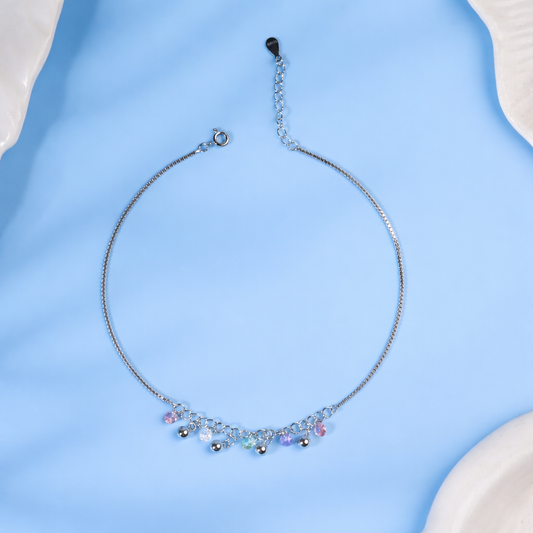 Dangling Bell Charm Anklet with Pink CZ Stones in 925 Sterling Silver