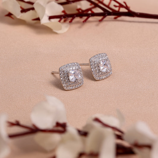 Cushion Cut CZ Halo Stud Earrings in 925 Sterling Silver