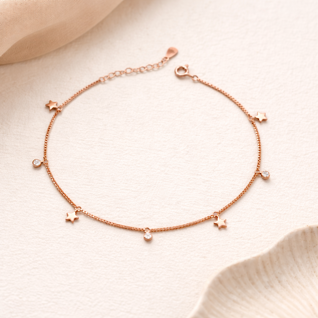 Rose Gold Star Charm Anklet in 925 Sterling Silver