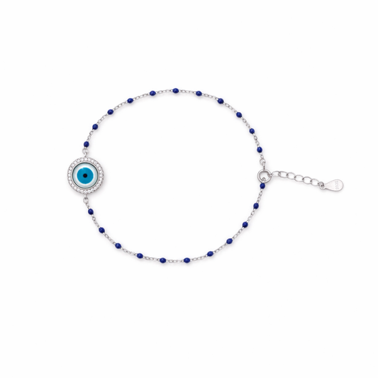 Sterling Silver Evil Eye Bracelet with Blue Beads