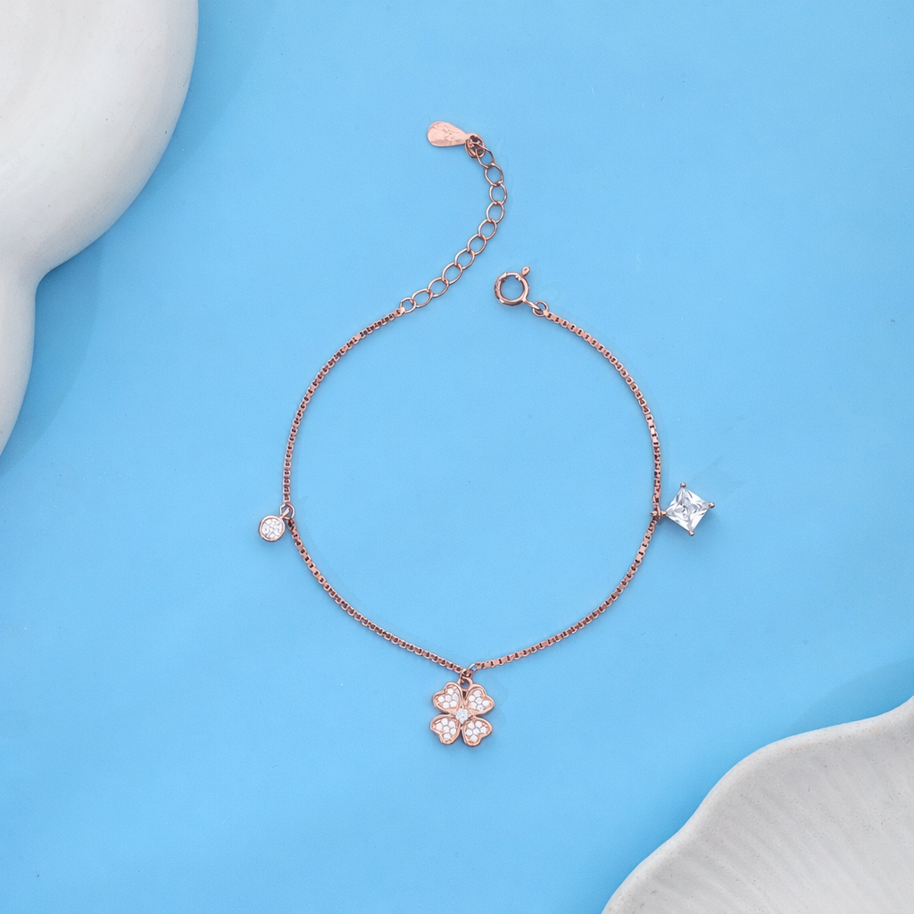 Rose Gold-Plated Floral Spark CZ Charm Bracelet in 925 Sterling Silver