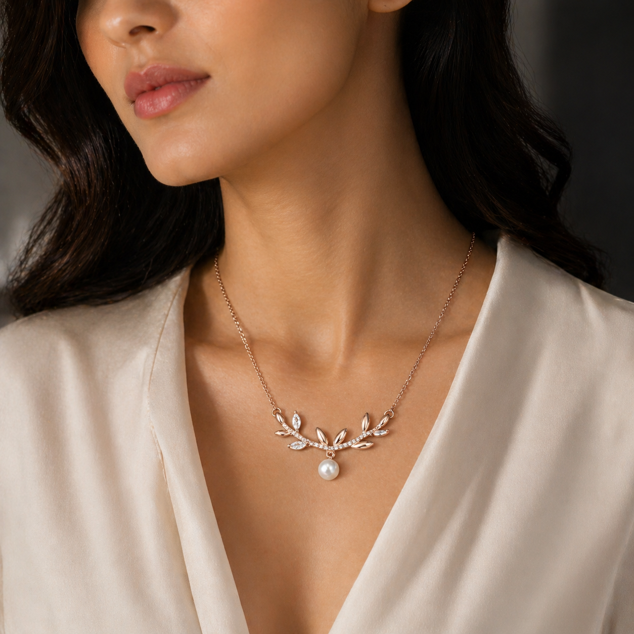 Rose Gold Pearl Vine Necklace in 925 Sterling Silver