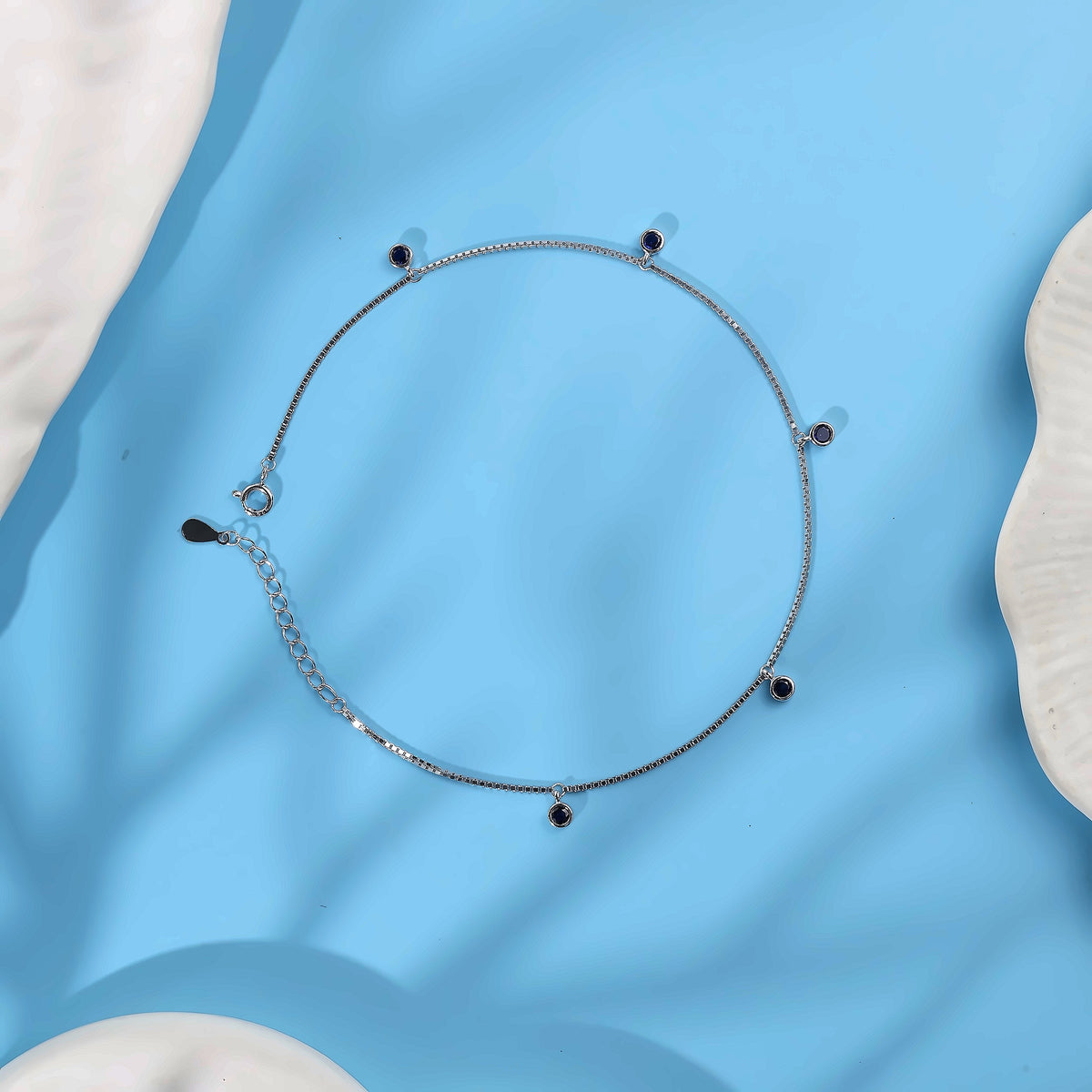 Minimalist Blue CZ Charm Anklet in 925 Sterling Silver