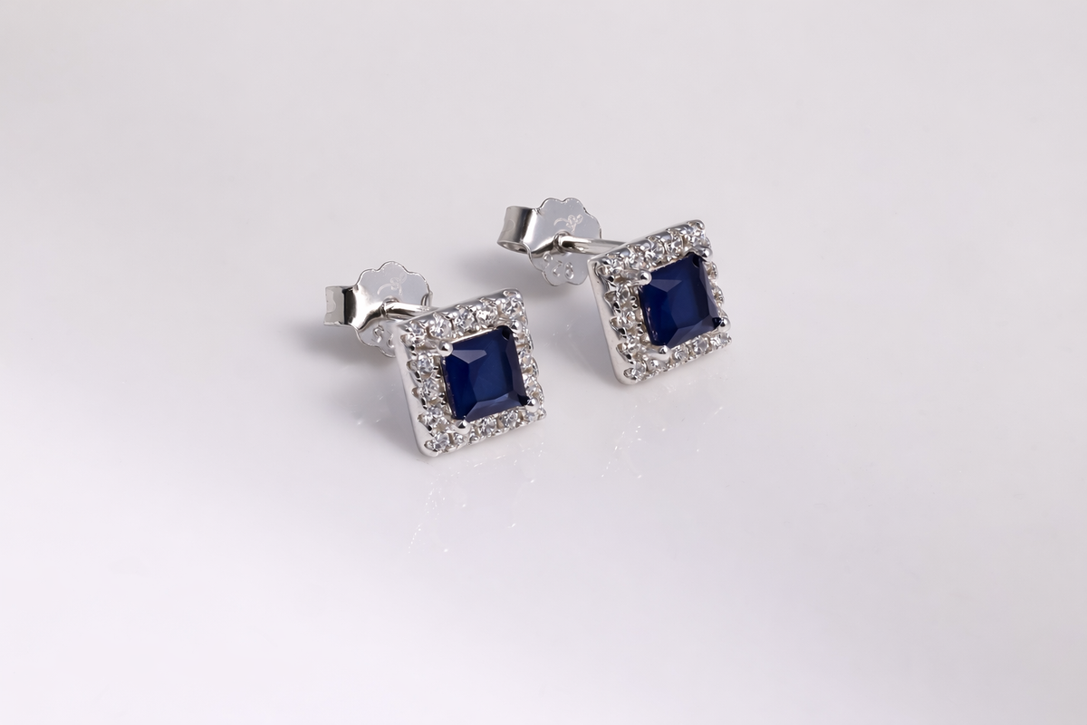 Blue Square Halo CZ Stud Earrings in 925 Sterling Silver