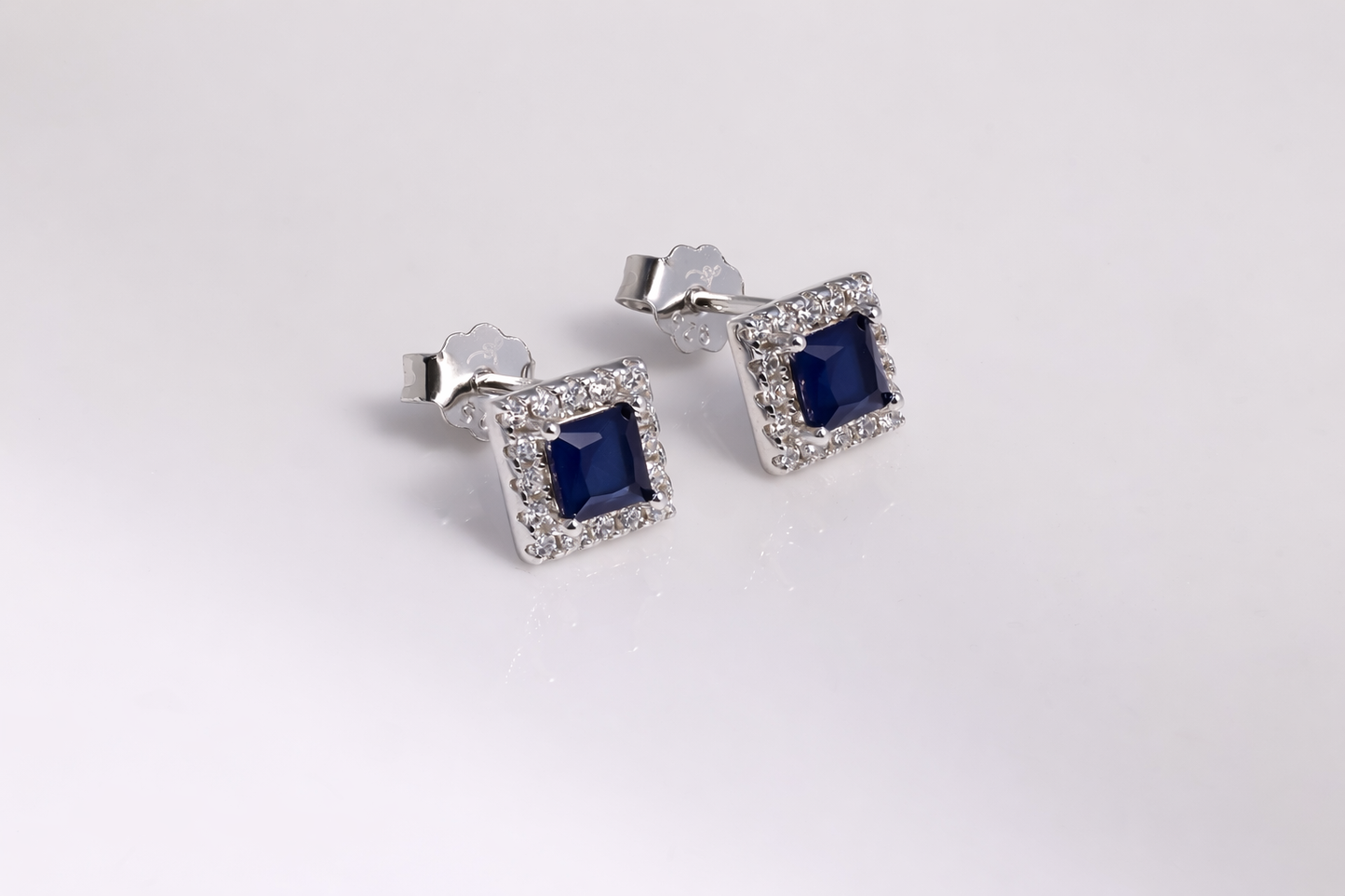 Blue Square Halo CZ Stud Earrings in 925 Sterling Silver