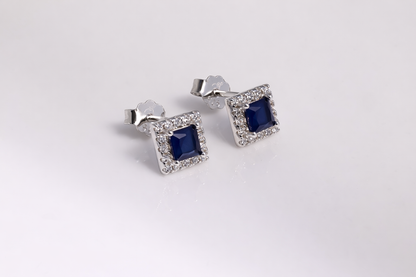 Blue Square Halo CZ Stud Earrings in 925 Sterling Silver