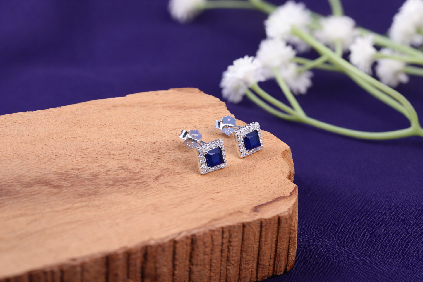 Blue Sapphire Square CZ Halo Stud Earrings