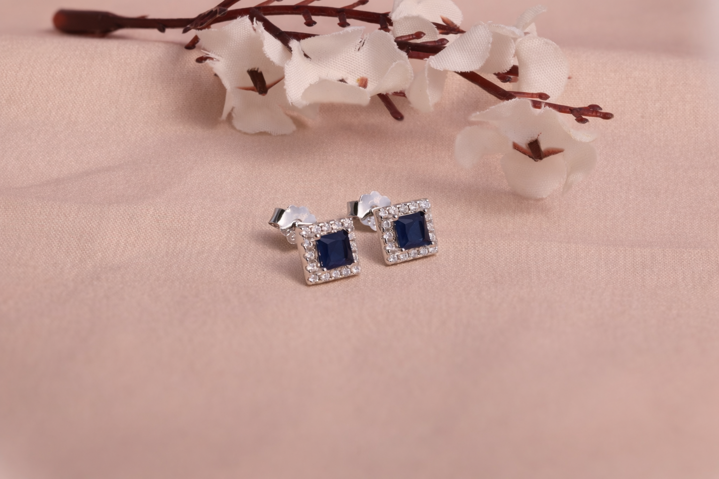 Blue Square Halo CZ Stud Earrings in 925 Sterling Silver