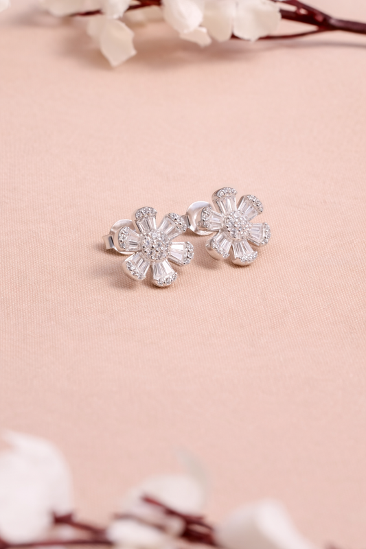 Floral Baguette CZ Stud Earrings in 925 Sterling Silver