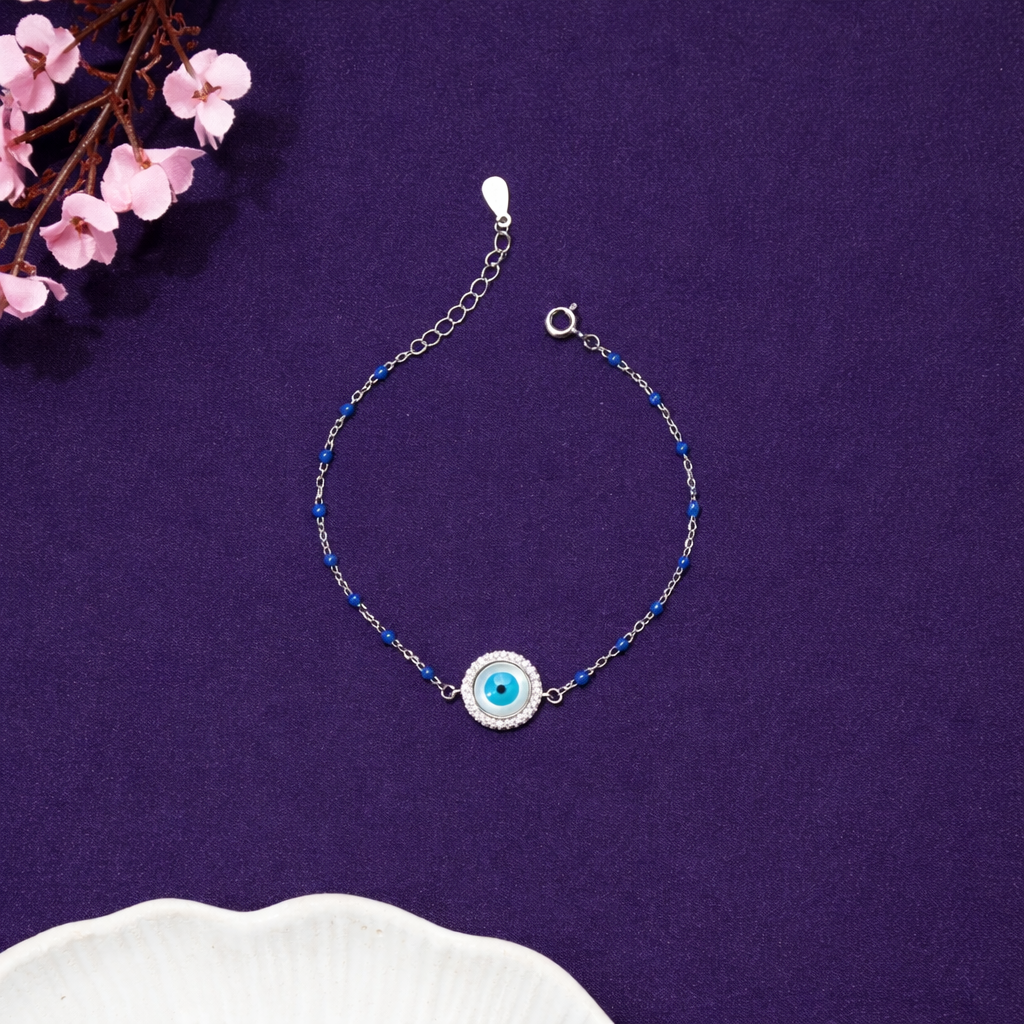 Sterling Silver Evil Eye Bracelet with Blue Beads