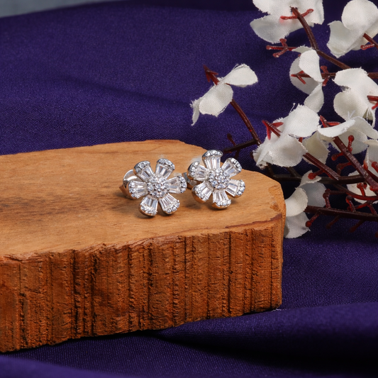 Floral Baguette CZ Stud Earrings in 925 Sterling Silver