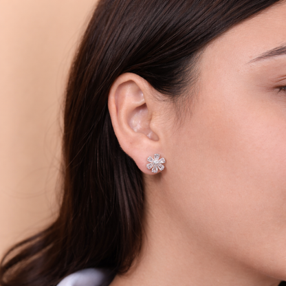 Floral Baguette CZ Stud Earrings in 925 Sterling Silver