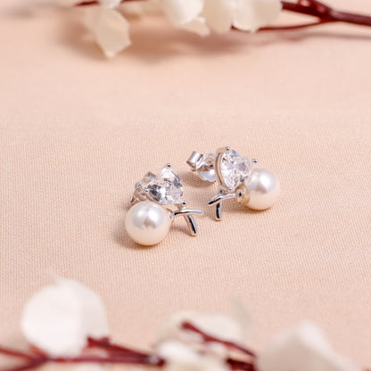 Pearl and CZ Dual Stone Stud Earrings in 925 Sterling Silver