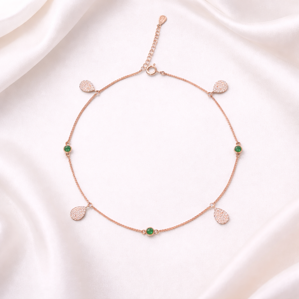 Emerald Glow Teardrop Charm Anklets in Rose Gold-Plated 925 Sterling Silver