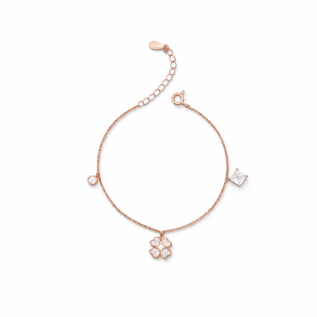 Rose Gold-Plated Floral Spark CZ Charm Bracelet in 925 Sterling Silver