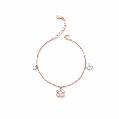 Rose Gold-Plated Floral Spark CZ Charm Bracelet in 925 Sterling Silver