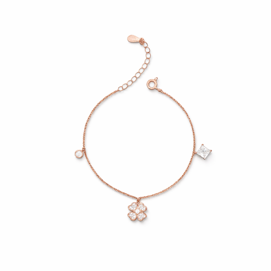Rose Gold-Plated Floral Spark CZ Charm Bracelet in 925 Sterling Silver