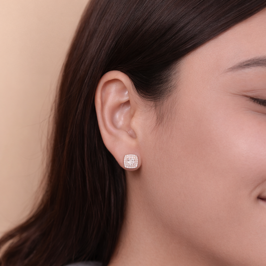 Cushion Cut CZ Halo Stud Earrings in Rose Gold-Plated 925 Sterling Silver