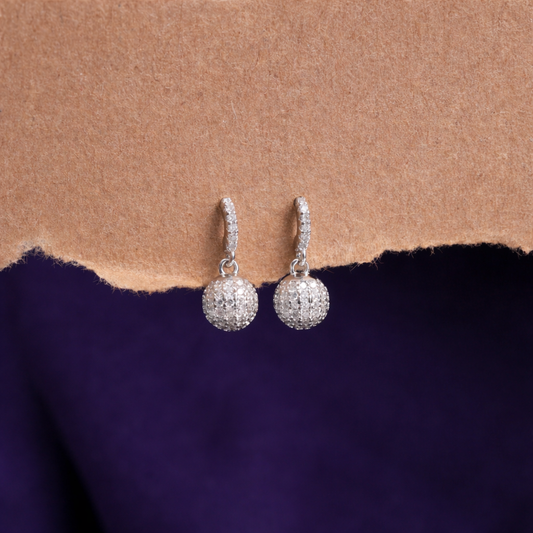 Silver Textured Sphere CZ Drop Earrings