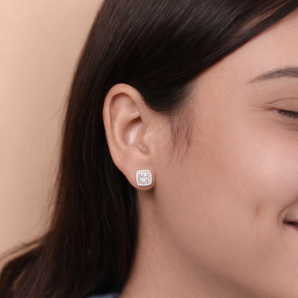 Cushion Cut CZ Halo Stud Earrings in Rose Gold-Plated 925 Sterling Silver