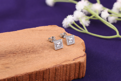 Square Halo CZ Stud Earrings in 925 Sterling Silver