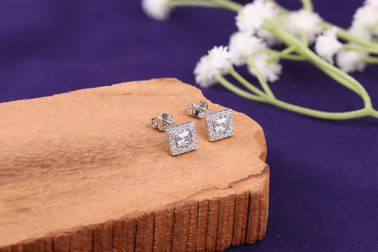 Square Halo CZ Stud Earrings in 925 Sterling Silver