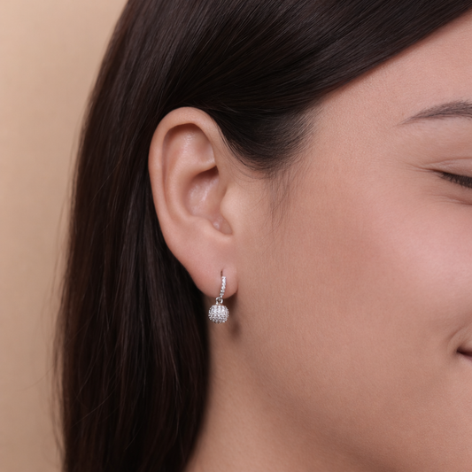Silver Textured Sphere CZ Drop Earrings