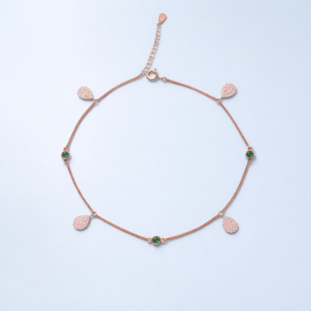 Emerald Glow Teardrop Charm Anklets in Rose Gold-Plated 925 Sterling Silver