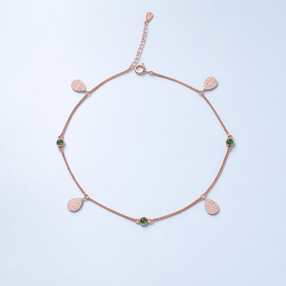 Emerald Glow Teardrop Charm Anklets in Rose Gold-Plated 925 Sterling Silver