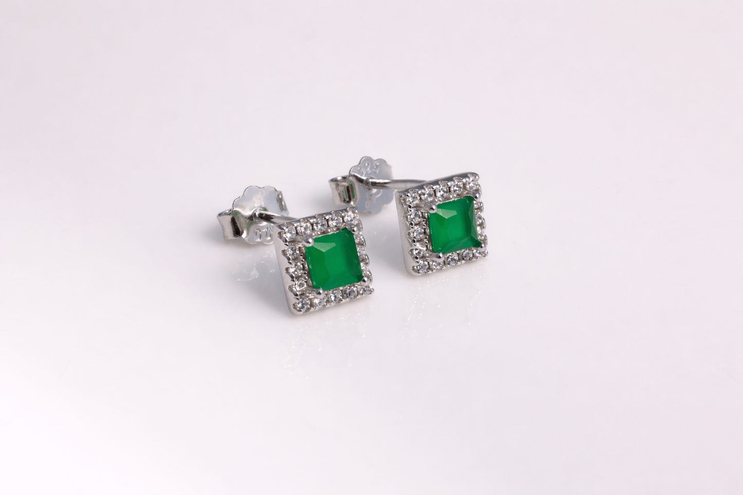 Emerald Glow Square Halo Stud Earrings in 925 Sterling Silver