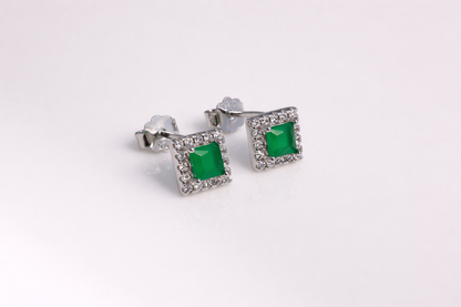 Emerald Glow Square Halo Stud Earrings in 925 Sterling Silver