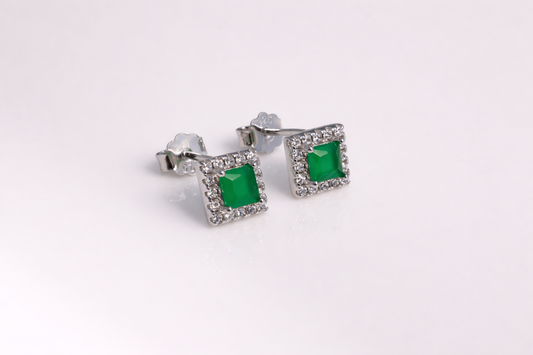 Emerald Glow Square Halo Stud Earrings in 925 Sterling Silver